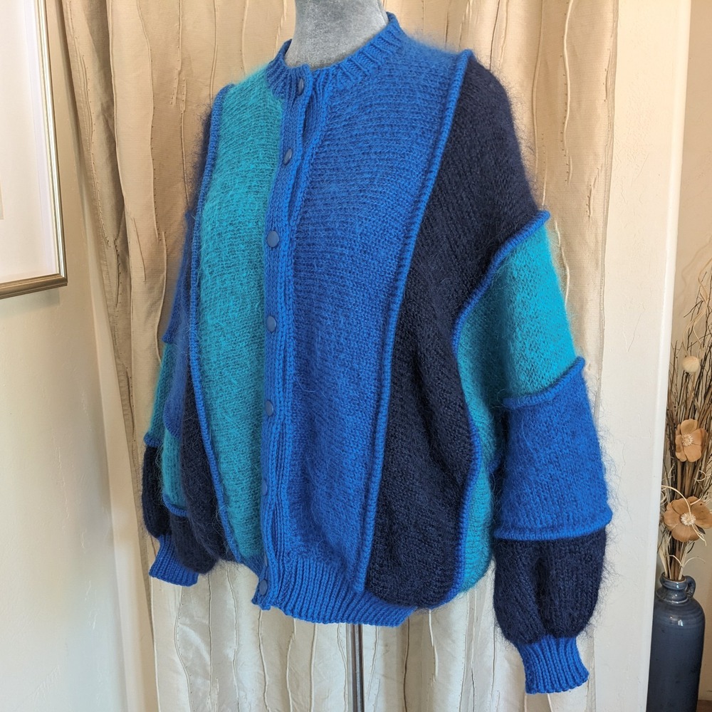 Vintage 80s Mohair Cardigan Sweater M/L Irish Colorblock Chunky Knit Oversized - Picture 7 of 14